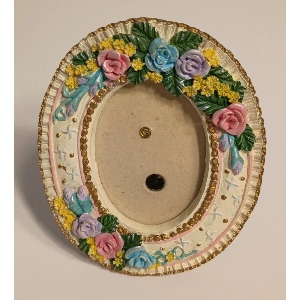Vtg Resin Photo Frame Colorful Roses Victorian Decor Country Small 4x3.5